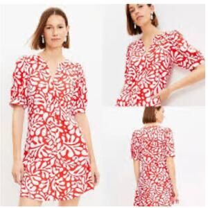 Loft Red White Abstract Floral Short Sleeve Dress Size Large Resort Casual